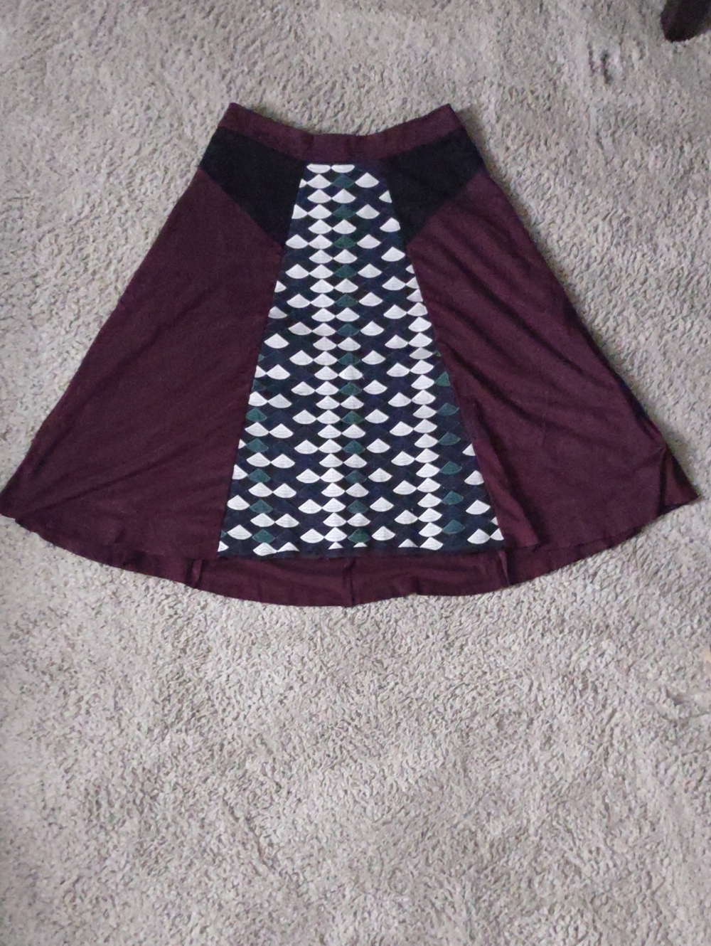 Skirt, Maroon with black at hips and patterned inset. Small.